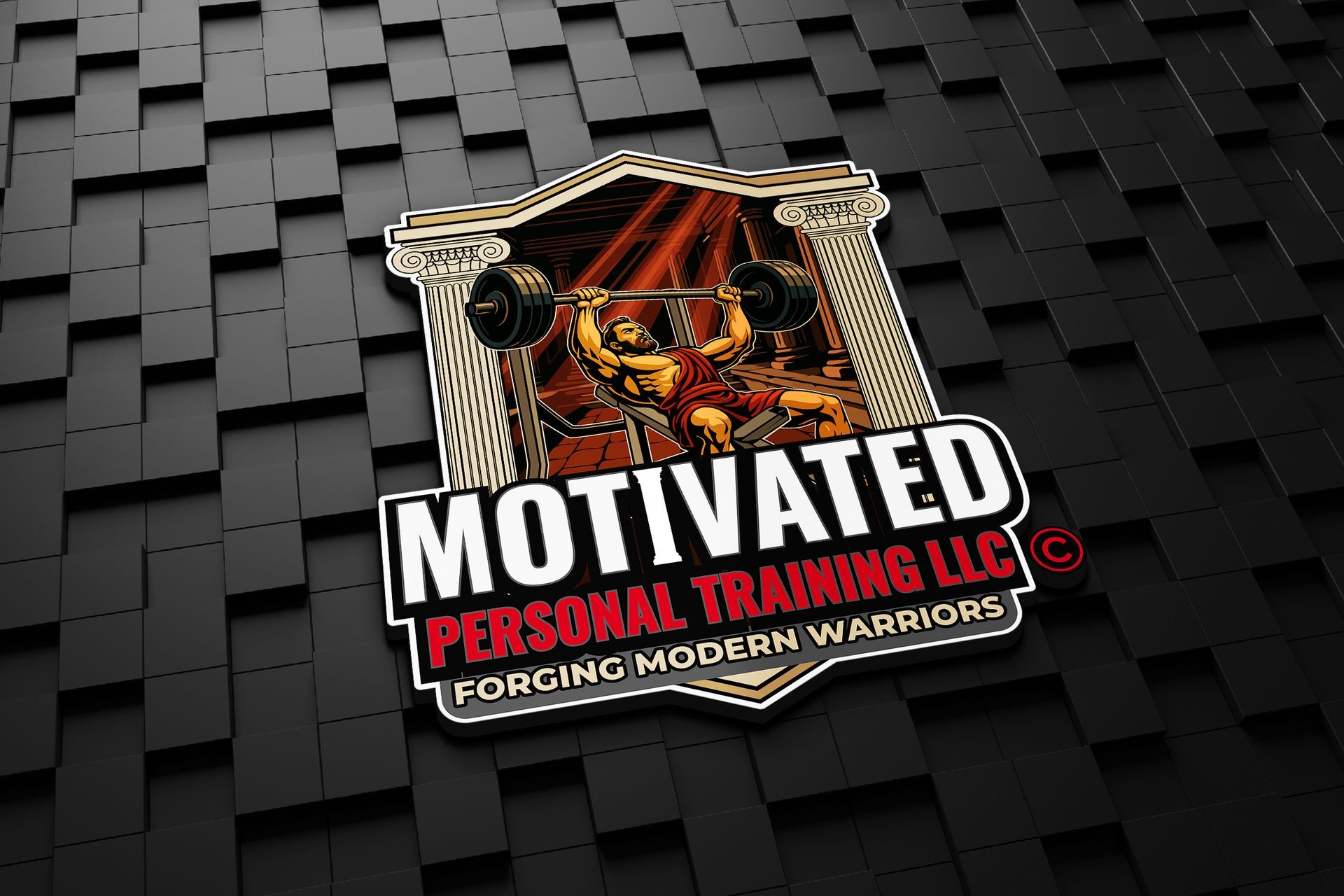 Logo of Motivated Personal Training LLC with a weightlifter and columns on black tiled background.